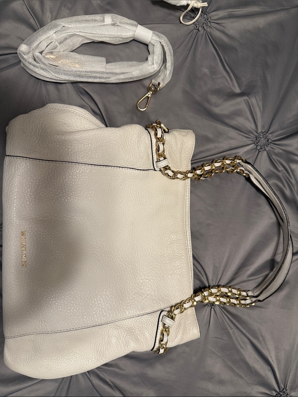 Michael Kors Cream Pebbled Leather Shoulder Tote with Gold Chain Straps
